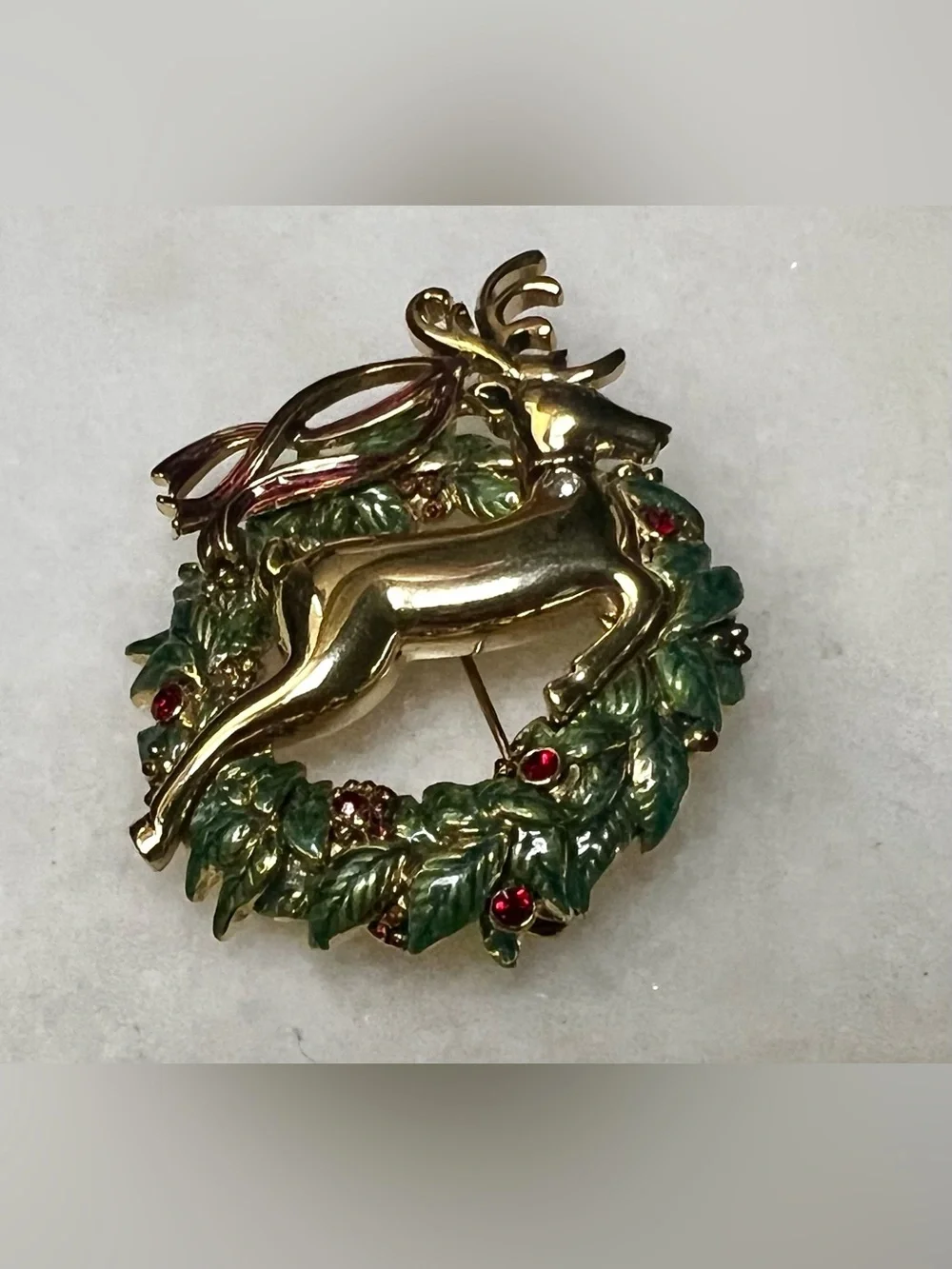 Vintage Monet Reindeer Gold Red Green Christmas Wreath Brooch Pin